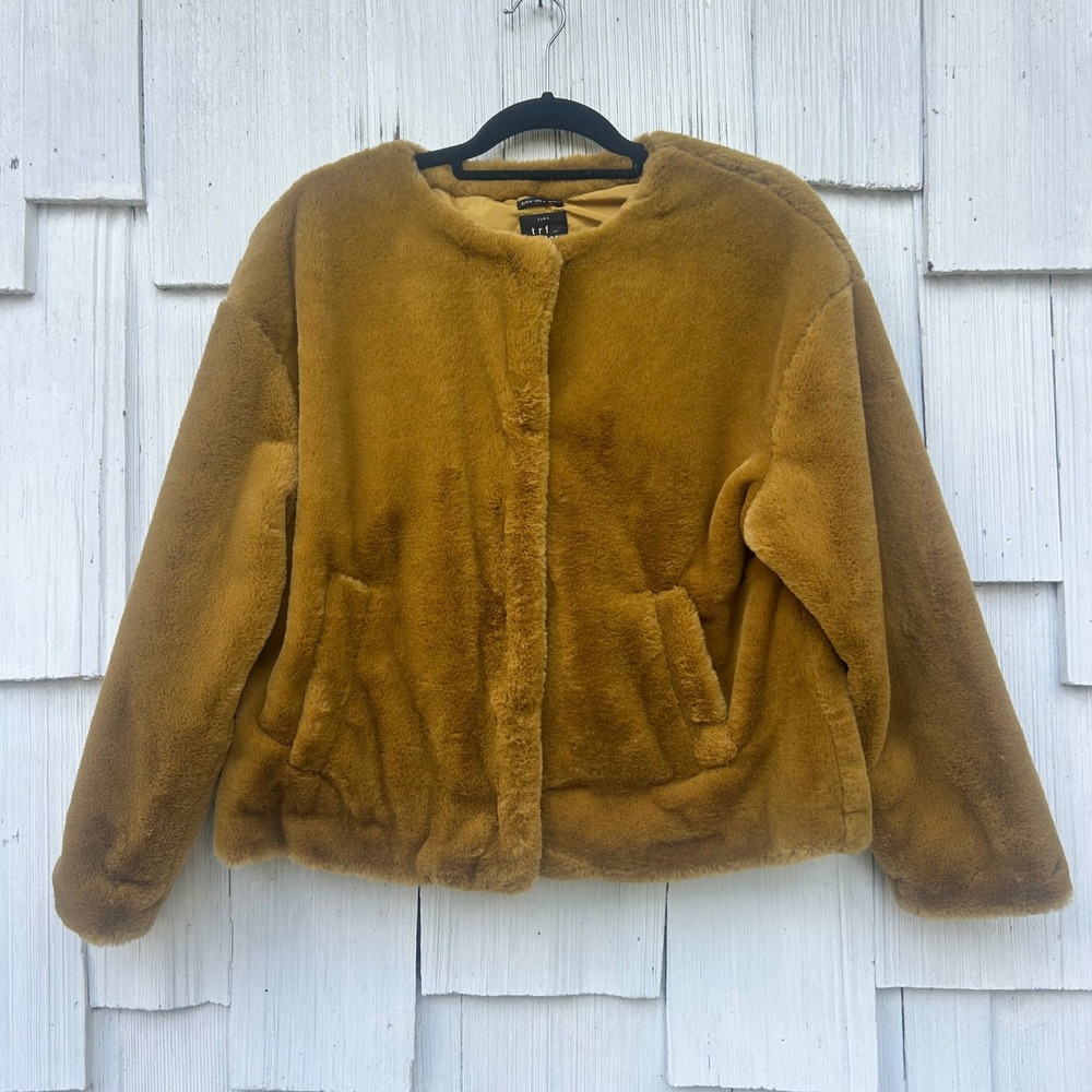 Zara TRF Outerwear Faux Fur Jacket Mustard‎ Yellow Cropped Snap Front Women's M
